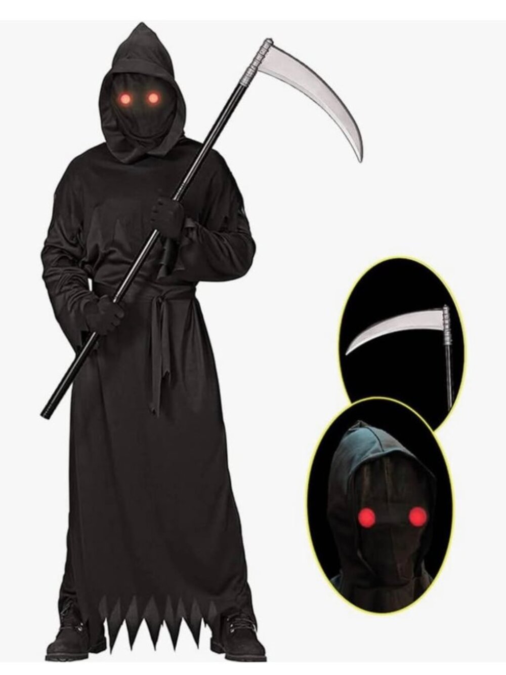 NEW Halloween Youth sz M Grim Reaper Costume with Glowing Red Eyes and Scythe